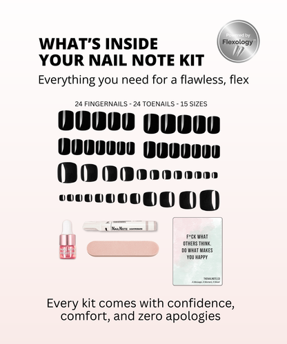 Nail Note | Fingers & Toes Press on Nails | Short Squoval Glossy Black | backed by Flexology for long lasting nails with comfort