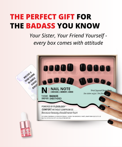 Nail Note | Fingers & Toes Press on Nails | Short Squoval Glossy Black | backed by Flexology for long lasting nails with comfort