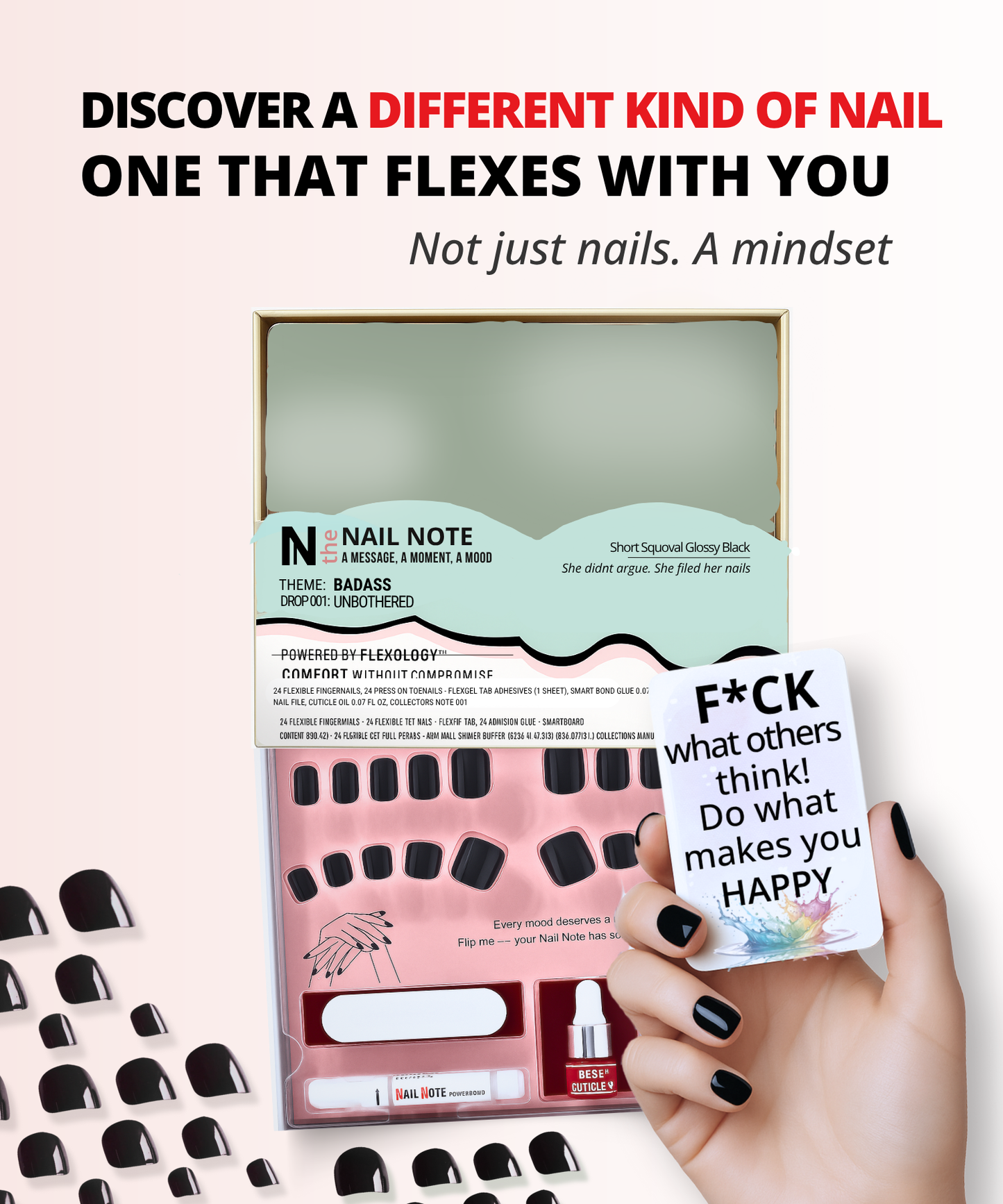 Nail Note | Fingers & Toes Press on Nails | Short Squoval Glossy Black | backed by Flexology for long lasting nails with comfort